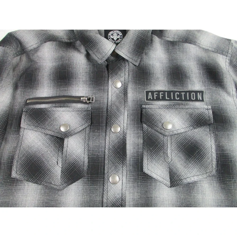 Affliction Jacket Mens XL Shacket Black Plaid Flannel‎ Snap Live Fast 110WW574
